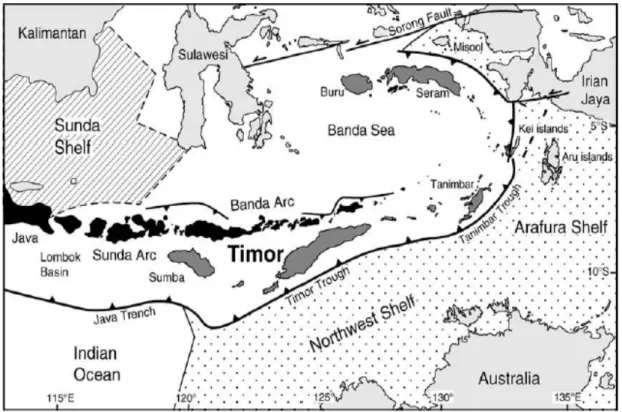 Figura  11  -  Localização  da  ilha  de  Timor  em  relação  ao  Arco  de  Banda,  Austrália  e  Plataforma  da  Sunda  (Eurásia):  as  ilhas  vulcânicas  do  arco  (a  preto);  ilhas  do  arco  exterior  (cinzento  escuro);  plataforma  continental  aust