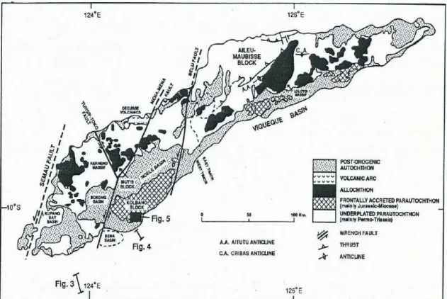 Figura 12 - Mapa estrutural de Timor. O complexo de Bobonaro aflora principalmente  nas  áreas  assinaladas  como  para-autóctones,  mas  também  localmente  no  alóctone