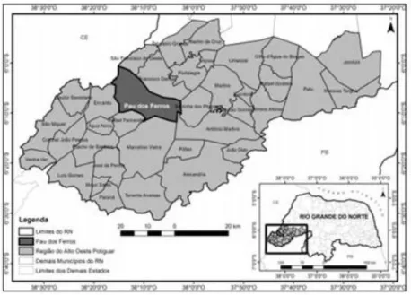 Figura  01: Mapa de Pau dos Ferros no RN e na Região do Alto Oeste Potiguar (IBGE; 2012)