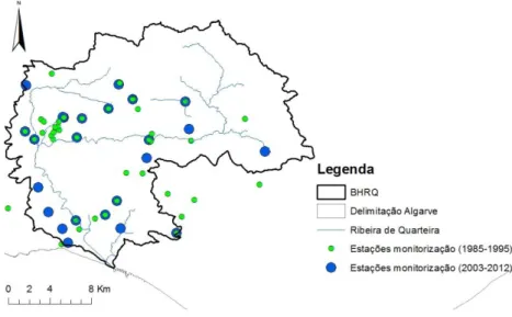 Figura 6.1 Distribuição espacial dos poços monitorizados para a obtenção do parâmetro D (período 1985- 1985-1995 e período 2003-2012)