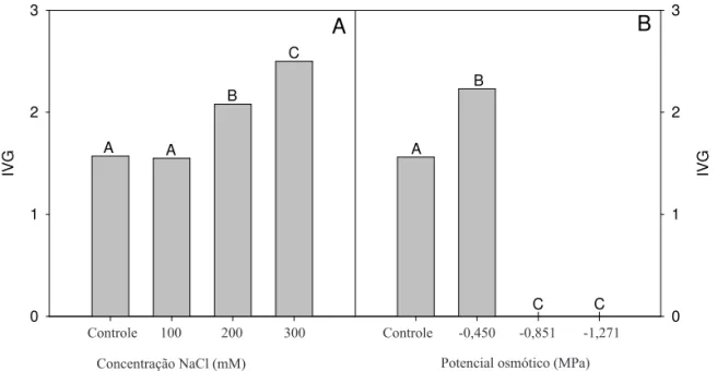 FIGURA  2.  Índice  de  velocidade  de  germinação  (IVG)  de  sementes  de  C.  tinctorius ,  submetidas  a  diferentes  concentrações de NaCl (A) e a diferentes tratamentos osmóticos (MPa) induzidos por PEG 6000 (B)