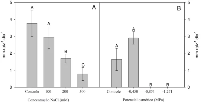 FIGURA 3. Índice de crescimento radicular relativo na germinação de sementes  C. tinctorius , submetidas a diferentes  concentrações de NaCl (A) e a diferentes tratamentos osmóticos (MPa) induzidos por PEG 6000 (B)