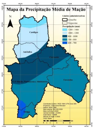 Figura 3.10 Mapa da precipitação média do concelho de Mação do período de 1931 a 1960