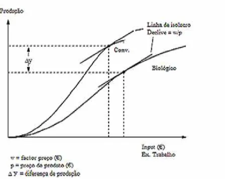 Figura  2  -  Determinantes  dos  níveis  óptimos  de  produção  em  agricultura  biológica  e  convencional  (adaptado de Offermann et al., 2000) 