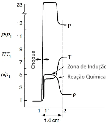 Figura 5. Variação dos parâmetros físicos ao longo de uma onda de detonação ZND [17].