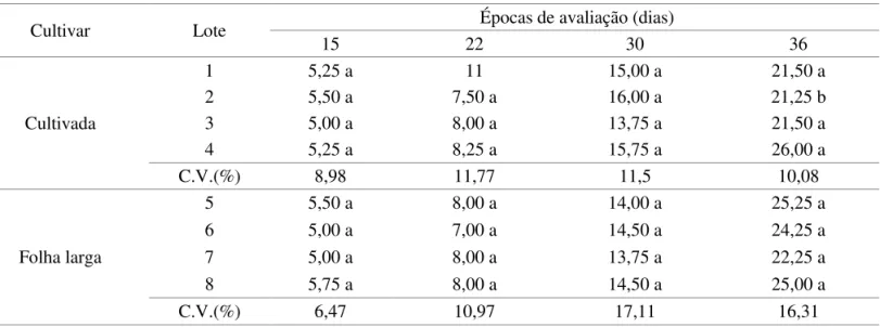 TABELA 4. Resultados médios do número de folhas por plantas para os diferentes lotes de sementes de rúcula, cv