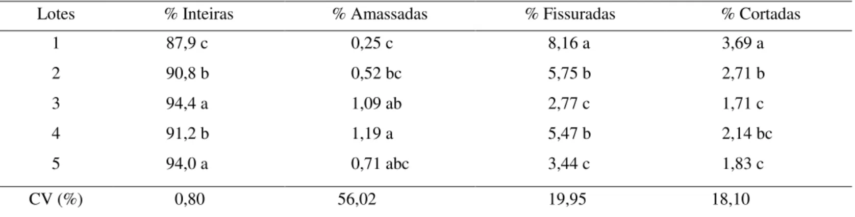 TABELA 2. Porcentagem de sementes inteiras, amassadas, issuradas e cortadas, observada nos lotes de sementes.