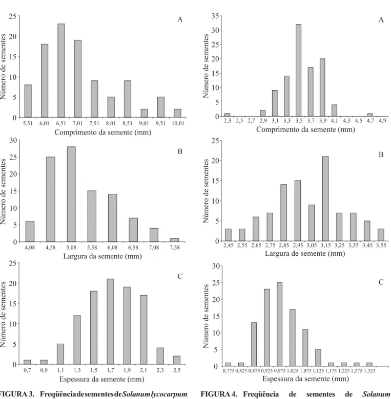 FIGURA  4. Freqüência de sementes de Solanum  pseudoquina A.St.-Hil. por categoria de  comprimento (A), largura (B) e espessura (C).