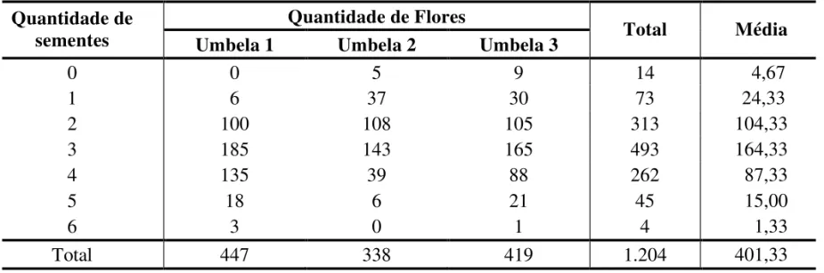 TABELA 7 – Quantidade de semente, por flor nas três umbelas de cebola correspondentes a propriedade I do sistema de produção agroecológico.