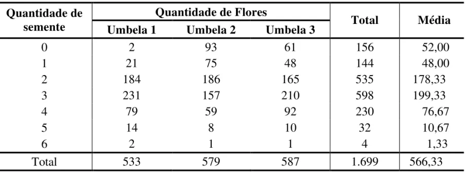 TABELA 3 – Quantidade de sementes por flor nas três umbelas de cebola correspondentes à propriedade II do sistema de produção convencional.