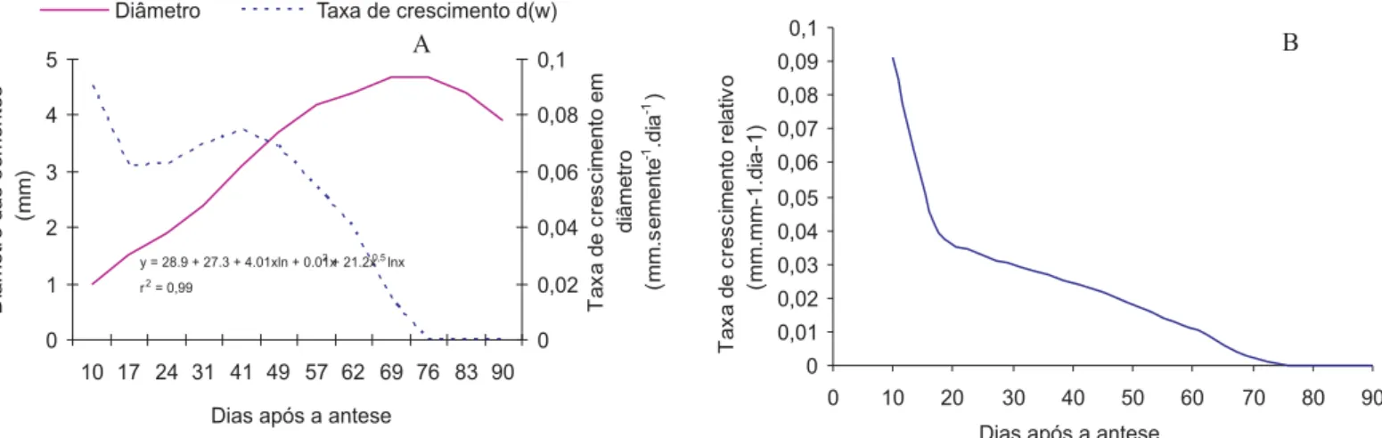 FIGURA 6.   A - Diâmetro, Taxa de crescimento e B - Taxa de crescimento relativo das sementes de urucum (Bixa orellana L.), em doze épocas de colheita após a antese, cultivado em um sistema agroflorestal