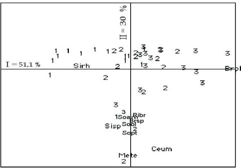 FIGURA 3. Diagrama de dispersão das 21 parcelas e das espécies (correlação com eixos &gt; 0,5), obtido por análise de ordenação (PCOA), a partir de distância euclidiana
