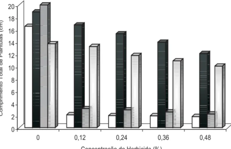 FIGURA 2. Comprimento total de plântulas de soja GM e não- não-GM, após quatro horas em contato com solução contendo diferentes concentrações de herbicida, em sistema hidropônico.