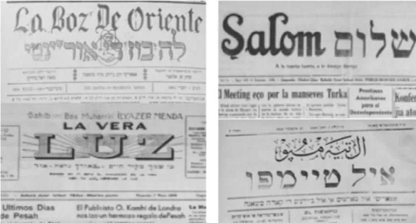 Fig. 2. Prensa sefardí de Estambul: cabeceras de las gazetas La Boz de Oriente, La Vera Luz, Salom y El Tiempo (entre 1925 y 1932).