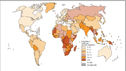 Fig. 5 – Taxa de mortalidade por TB, no Mundo, em 2012. Fonte: OMS 