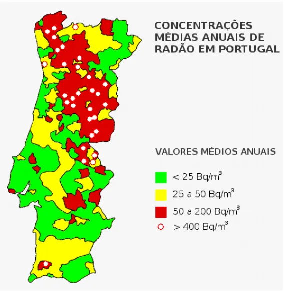 Figura 2.2 - Distribuição das concentrações médias de radão em Portugal (Adaptado de Visener, 2013 em  (28))