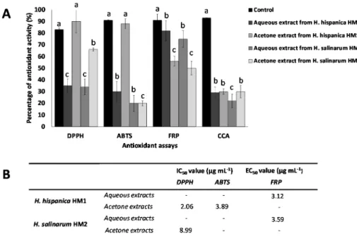 Figure 2. Antioxidant activity of aqueous and acetone extracts (1 mg mL −1 ) obtained from the  haloarchaeal strains H