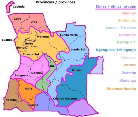 Figura 1 - Mapa de política linguística. As principais línguas nacionais mais faladas em Angola 