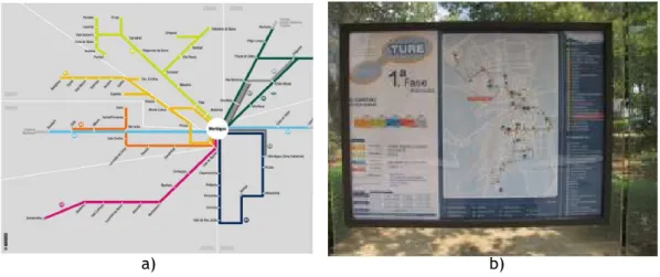 Figura 3.6 – Informação ao público: a) mapa da rede de transporte público de Mortágua, b) informação  disponibilizada nos abrigos (Fonte: IMTT, 2011) 