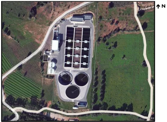 Figura 3.1.1 - Imagem aérea da ETAR de Albufeira Poente. Fonte: Google Earth,  acedido em 30 de outubro 2014 