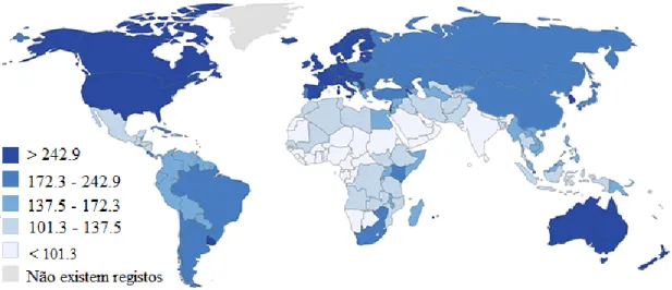 Figura 2.5 – Incidência do cancro no mundo estimada em 2012, em ambos os sexos. 