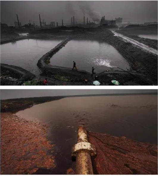 Fig.  6  Duas  das  fotografias  capturas  por  Lu  Guang,  em  2008,  que  demonstram  a  poluição aquática na China (Key, 2009)  