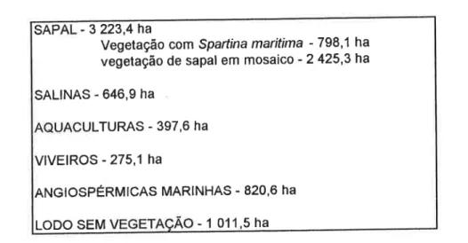 Tabela 4.5 - Area, ein hectares, dos diferentes tipos de ocupação do solo ou padrões de vegetação da zona húmida do P.N.R.F.