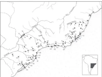Figura 9. Mapa indicando a distribuição geográfica de A. clamitans (círculos) e A.  fusca (quadrados) no Brasil