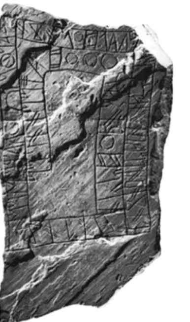 Figura 2 Estelas com escrita do Sudoeste de Fonte Velha de Bensafrim, Lagos (Fotos: Untermann MLH IV, 1997)
