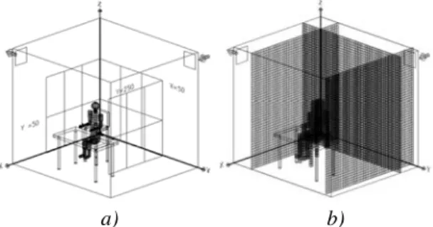 Figure 3 Representation of vertical plans located at  X=50 cm, Y=50 cm and Y=250 cm, for one manikin
