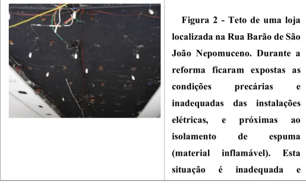 Figura  2  -  Teto  de  uma  loja  localizada na Rua Barão de São  João  Nepomuceno.  Durante  a  reforma  ficaram  expostas  as  condições  precárias  e  inadequadas  das  instalações  elétricas,  e  próximas  ao  isolamento  de  espuma  (material  inflam