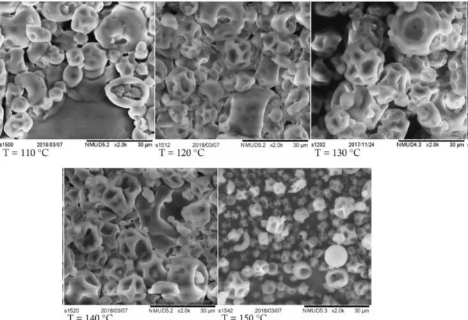 Figure 6. Micrographs of the formed microparticles. Inlet airflow = 20 kg.h -1  and temperature from 110 to 150 °C