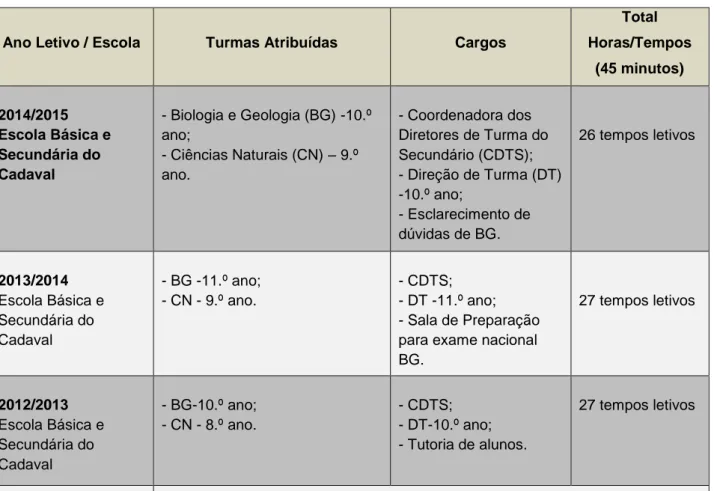 Tabela 1 - Síntese da Atividade Profissional Desenvolvida 