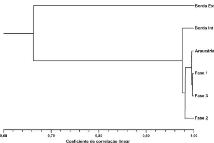 Tabela II. Coeficiente de correlação linear entre dados de abundância de todas as famílias de Coleoptera coletadas por armadilha de solo, nos seis pontos de coleta no Parque Estadual Vila Velha, Ponta Grossa, Paraná, durante o período de setembro de 1999 a