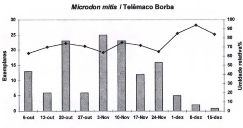 Fig. 3. Numero de exemplares de Microdon mitis,  coletados com armadilha Malaise ao longo  das semanas dos meses de maior captura em Telemaco Borba, Parana
