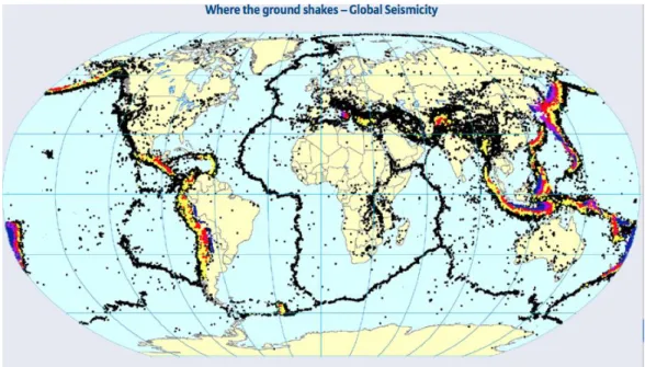 Fig. 4 – A actividade sísmica mundial entre 1973 e 2003. Esta figura mostra um alinhamento claro ao  longo dos limites das placas tectónicas