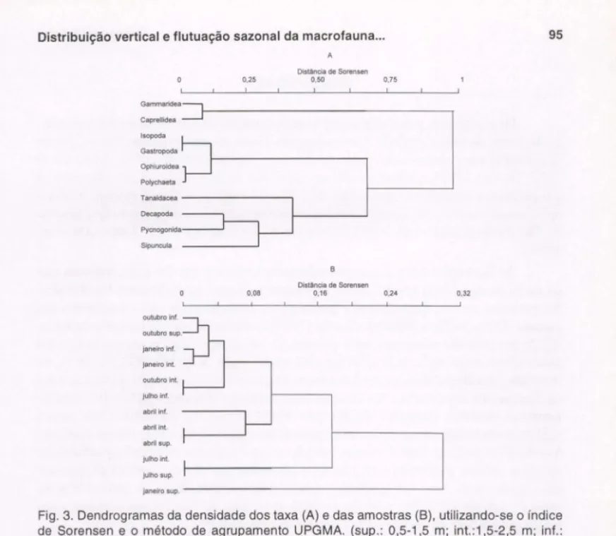 Fig. 3.  Dendrogramas da densidade dos taxa (A) e das amostras (8), utilizando-se o índice  de  Sorensen  e o  método  de  agrupamento  UPGMA