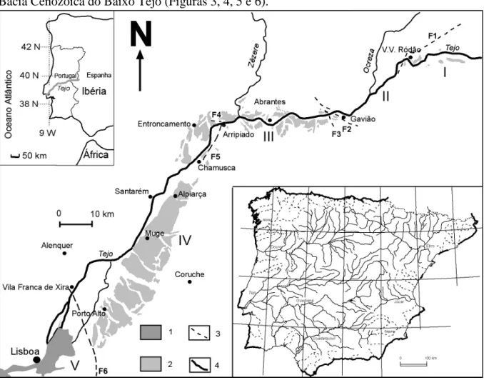 Figura 2. Principais troços do rio Tejo em Portugal (Bacia do Baixo Tejo): I - da fronteira ao Arneiro (depressões  de Ródão e Arneiro; um traçado geral E-W constituído, principalmente, de segmentos poligonais); II -  do  Arneiro ao Gavião (NE-SW); III -  