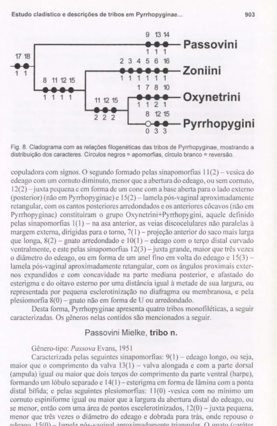 Fig. 8. Cladograma com as relações filogenéticas das tribos de Pyrrhopyginae, mostrando a distribuição dos caracteres