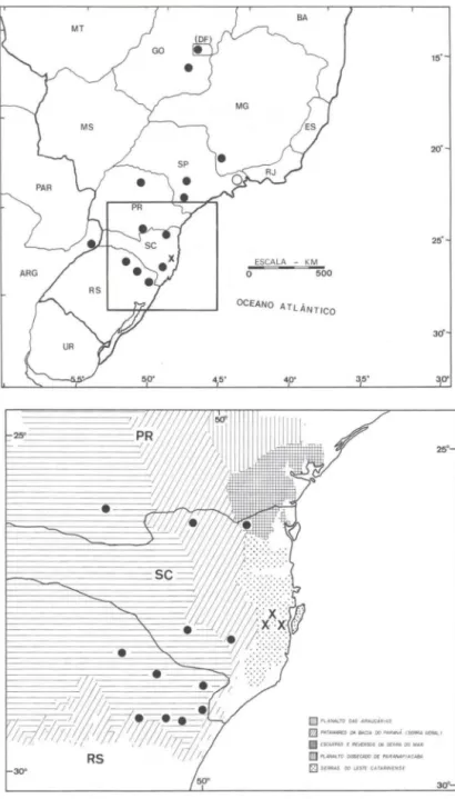 Fig.  5-6.  (5)  Distribuição geográfica de  Aptastodiscus;  (6)  Distribuição geográfica de  Aptasto- Aptasto-discus  em parte dos Estados do Paraná, Santa Catarina e Rio Grande do Sul,  contrastando  com as unidades geomorfológicas de acordo com IBGE (19