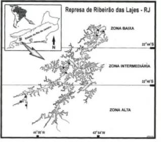 Fig.  1. Mapa do Reservatório de Lajes enfatizando sua localização geográfica e as respectivas  divisões  espaciais  (zonas  alta,  intermediária  e  baixa) 