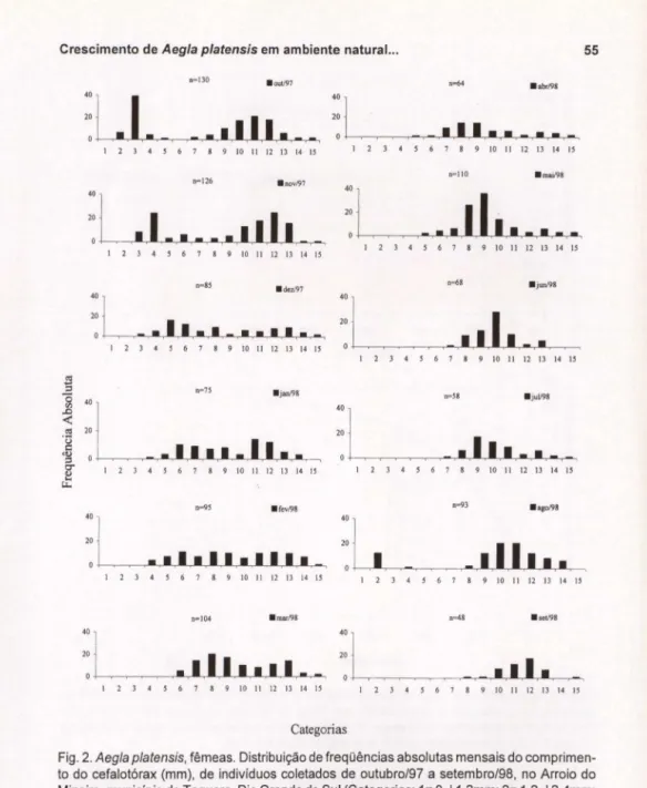 Fig . 2.  Aegla p/atensis,  fêmeas. Distribuição de freqüências absolutas mensais do comprimen- comprimen-to  do cefalotórax (mm),  de  indivíduos coletados  de  outubro/97 a  setembro/98,  no Arroio do  Mineiro, município de Taquara, Rio Grande do Sul (Ca