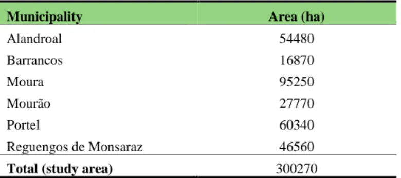 Table 1 - Total extent for the study area and for each municipality (in hectares). 