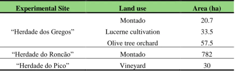 Table 2 - Experimental study sites, respective land uses and areas (in hectares). 