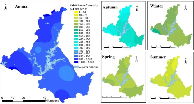 Figure 8 – Annual and seasonal distribution maps of rainfall-runoff erosivity for all the study area.