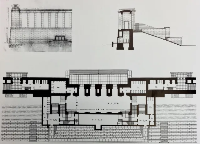 Figura 14 – Alçado frontal, corte e planta de Zeppelinfeld. 