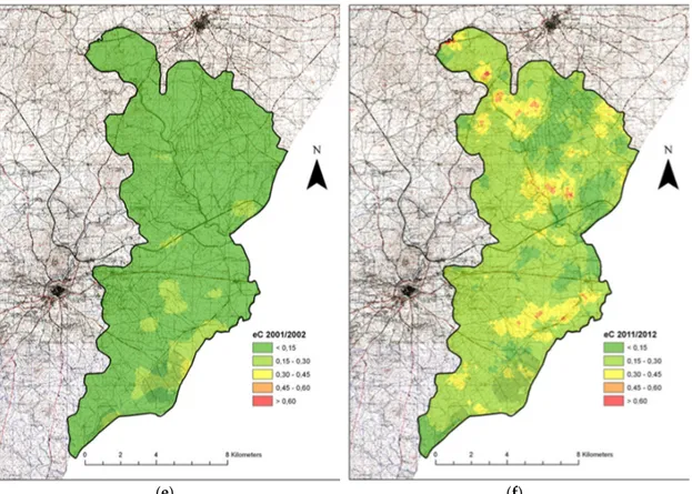 Figure 4. Predictive maps for SOM (g kg −1 ) in (a) 2001/2002, (b) 2011/2012, pH (water) in (c) 2001/2002, (d) 2011/2012 and EC (dS m −1 ) in (e) 2001/2002, (f) 2011/2012.