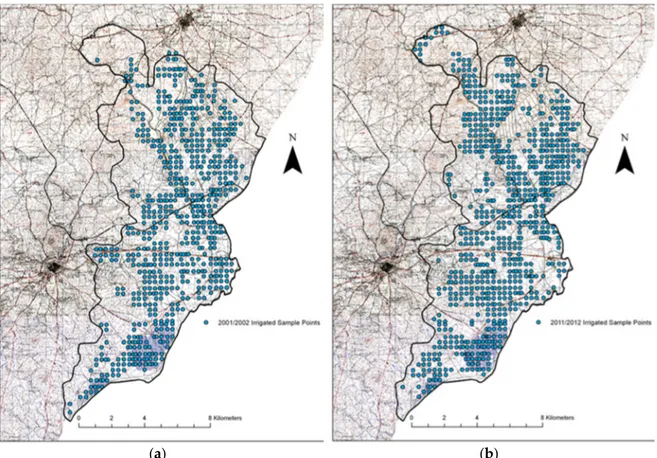 Figure 2. Irrigated Sample Points Map in (a) 2001/2002 and (b) 2011/2012.