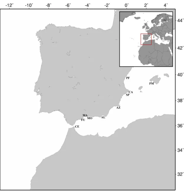 Figure 2.3: Detail of the sampling locations along the Alboran Sea and Western Mediterranean Sea
