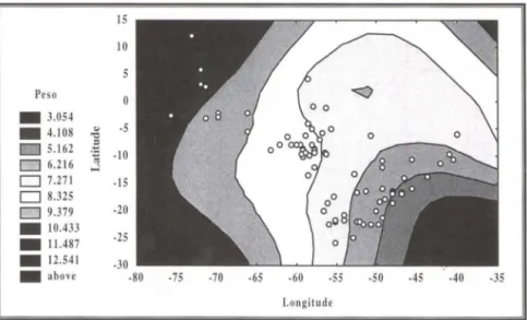 Fig . 6.  Padrão espacial  do peso  do corpo de  80  espécies de  mamíferos com  ocorrência  na  região do cerrado brasileiro, interpolado pelo algorítimo DWLS (&#34;distance weighted  least-squa-res&#34;)